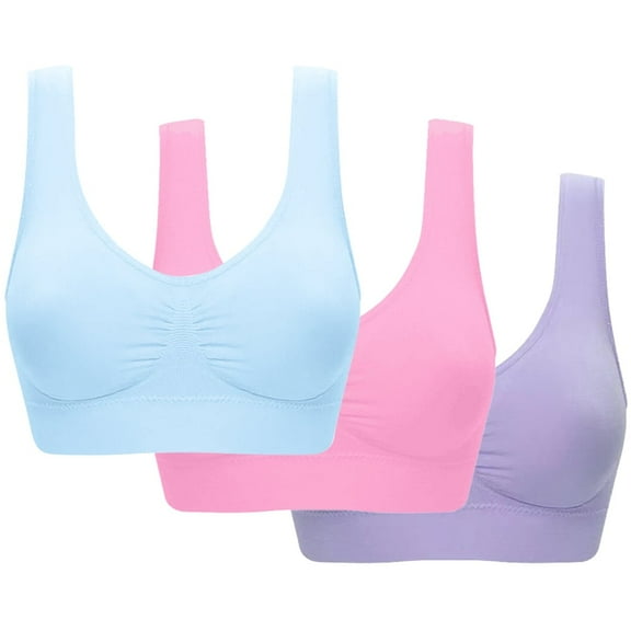 3 Pack Women's Seamless Wirefree Sport Bra, Full Coverage Low-Impact Workout Bra with Removable Pads for Daily Wear, Blue+ Purple+ Pink(L)