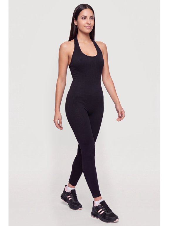 Women's Seamless Compression Rib Open Back Halter Jumpsuit