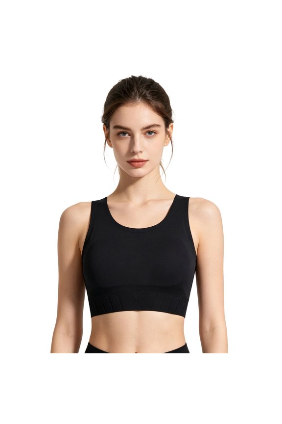 Women's Seamless Compression Yoga Bra Flat Shaping Sports Top Smooth Silk Feel Maximum Coverage Racerback High Intensity Wireless Bust Support Workout Activewear Black L