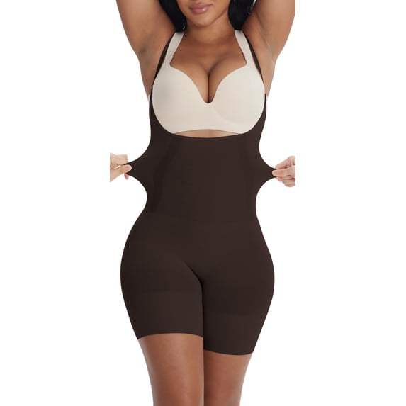 Women’s Shaperwear,Tummy-Control Bodysuit with Open Bust,Extra Firm Mid-Thigh Bodysuit with Adjustable Straps,Invisible Under Clothing,Chocolate Brown,L