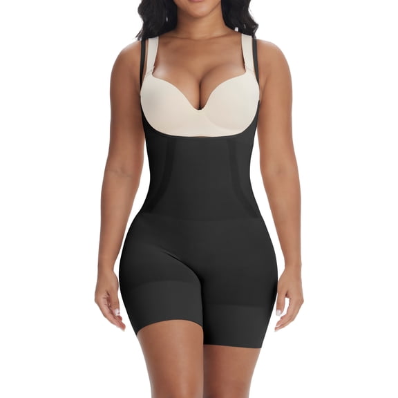 Women’s Shaperwear,Tummy-Control Bodysuit with Open Bust,Extra Firm Mid-Thigh Bodysuit with Adjustable Straps,Invisible Under Clothing,Black,L