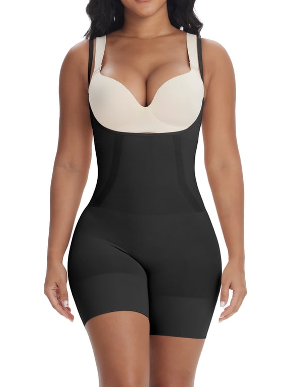Women’s Shaperwear,Tummy-Control Bodysuit with Open Bust,Extra Firm Mid-Thigh Bodysuit with Adjustable Straps,Invisible Under Clothing,Black,L