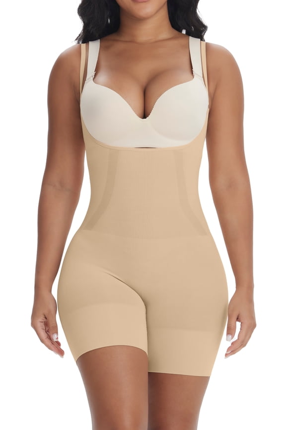 Women’s Shaperwear,Tummy-Control Bodysuit with Open Bust,Extra Firm Mid-Thigh Bodysuit with Adjustable Straps,Invisible Under Clothing,Khaki,XL