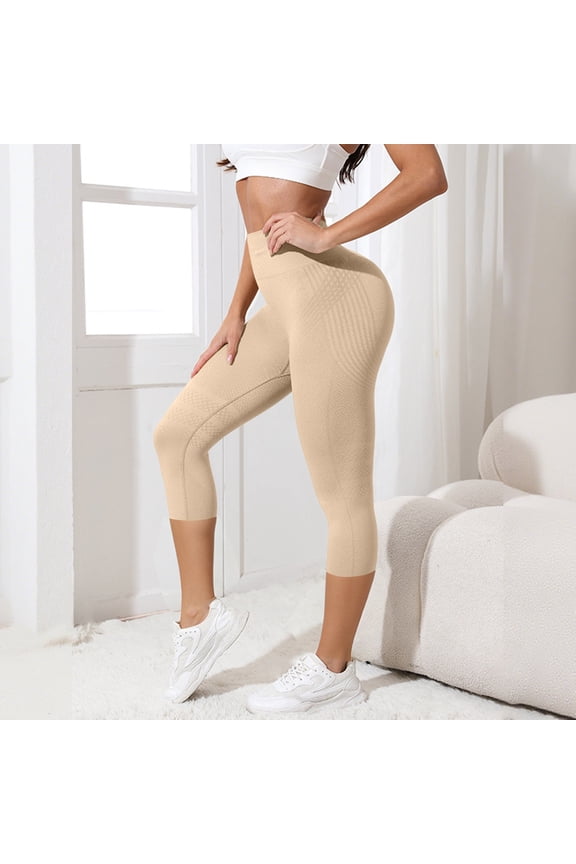 Women's Seamless High Waist Yoga Pants Butt Lifting Compression Capri Leggings Textured Quick Dry Workout Cropped Tights for Gym Running Beige S
