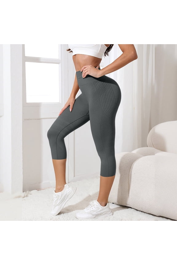 Women's Seamless High Waist Yoga Pants Butt Lifting Compression Capri Leggings Textured Quick Dry Workout Cropped Tights for Gym Running Gray M