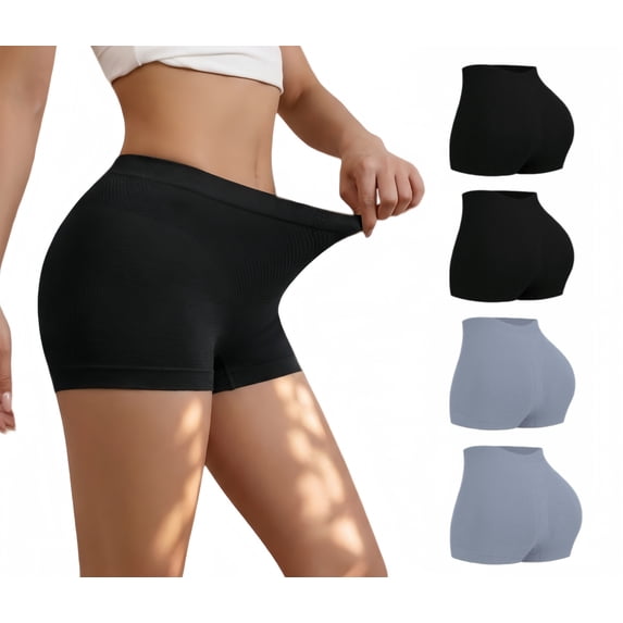 Women's Seamless Hipster/Boyshort Underwear 4-Pack, Low-Rise Polka Dot Waistband, Breathable Stretch Briefs, No Show Opaque Panties 2Black+2Black Size L
