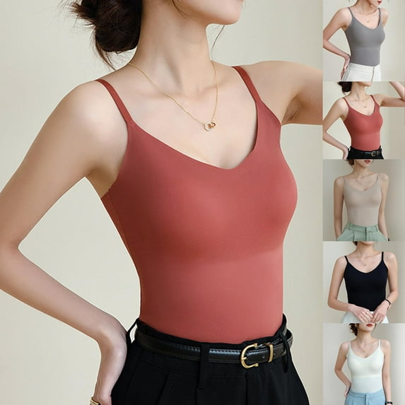 Women's Seamless Ice Silk V-Neck Camisole Tops Shirts Blouses with Chest Cushion Gathered Back Loose Fit Solid Color Soft Stretchy Casual Daily Wear Loungewear Vacation Fashion Essential Gift for Wom