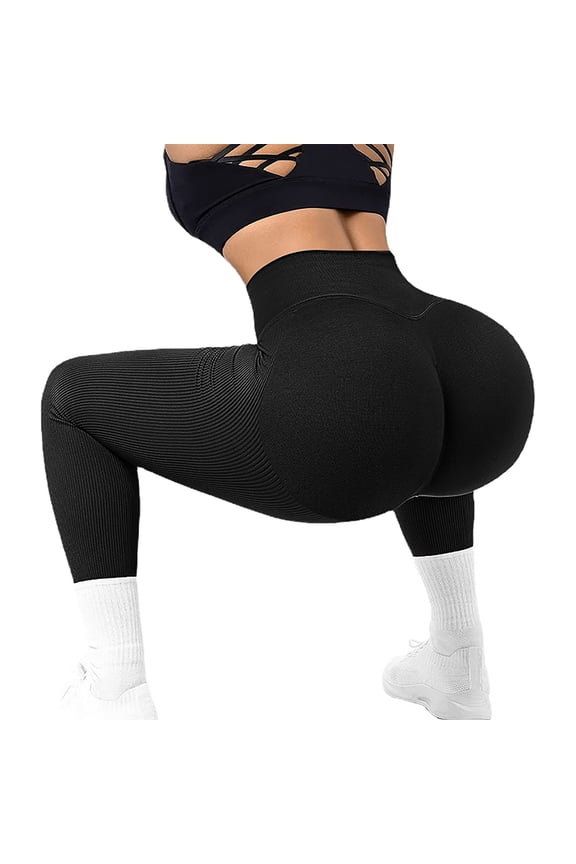 Women's Seamless Knit Workout Leggings, High Waisted Ribbed Butt Lifting Yoga Pants, High Elastic Squat Proof Running Leggings for Gym, Fitness and Everyday Activewear Black M