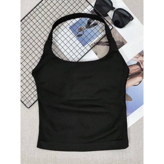 Women's Seamless Long Camisole Tank Top With Removable Bra, Yoga Sports Tank, Casual Athletic Style Black Summer