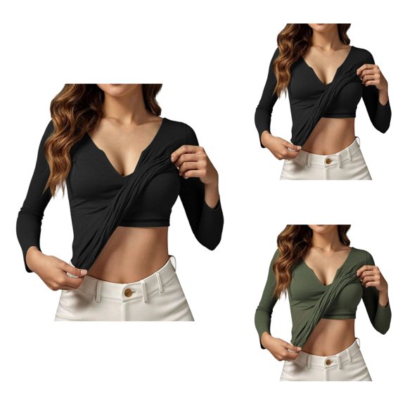 Women's Seamless Long Sleeve T-Shirt, Soft Stretchy Breathable Casual Workout Top with Built-in Bra, Scoop Neck V-Notch Ribbed Slim Fit Wrap Crop Top