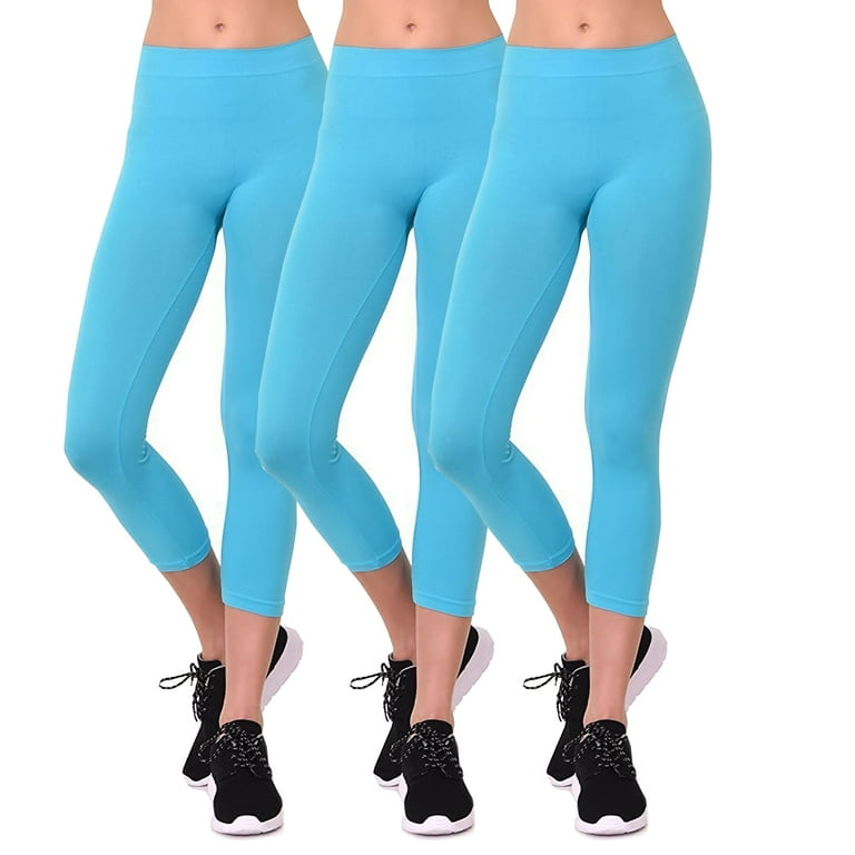 Women s Seamless Nylon Workout Active Solid Plain Capri One Size Leggings Aqua 3Packs