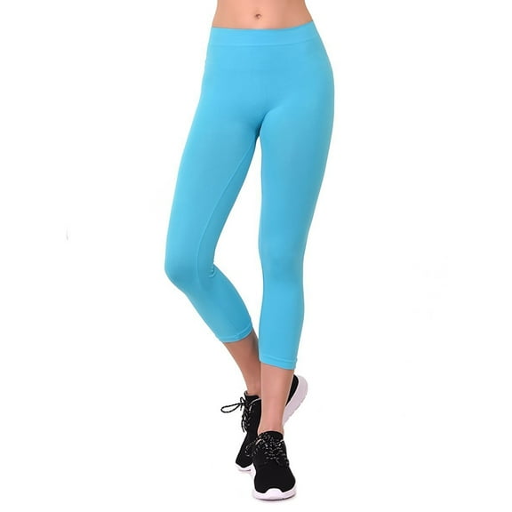 Women's Seamless Nylon Workout Active Solid Plain Capri One Size Leggings (Aqua)