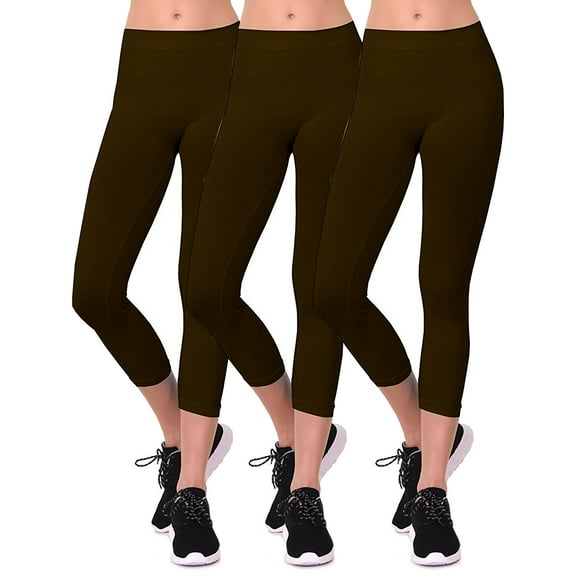 Women's Seamless Nylon Workout Active Solid Plain Capri One Size Leggings (Brown 3Packs)