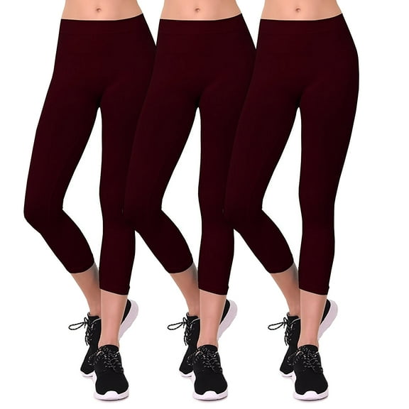 Women's Seamless Nylon Workout Active Solid Plain Capri One Size Leggings (Burgundy 3Packs)