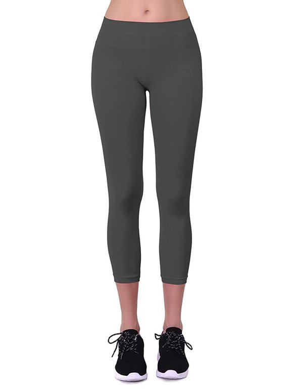 Women's Seamless Nylon Workout Active Solid Plain Capri One Size Leggings (Charcoal)