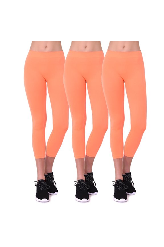 Women's Seamless Nylon Workout Active Solid Plain Capri One Size Leggings (N Orange 3Packs)