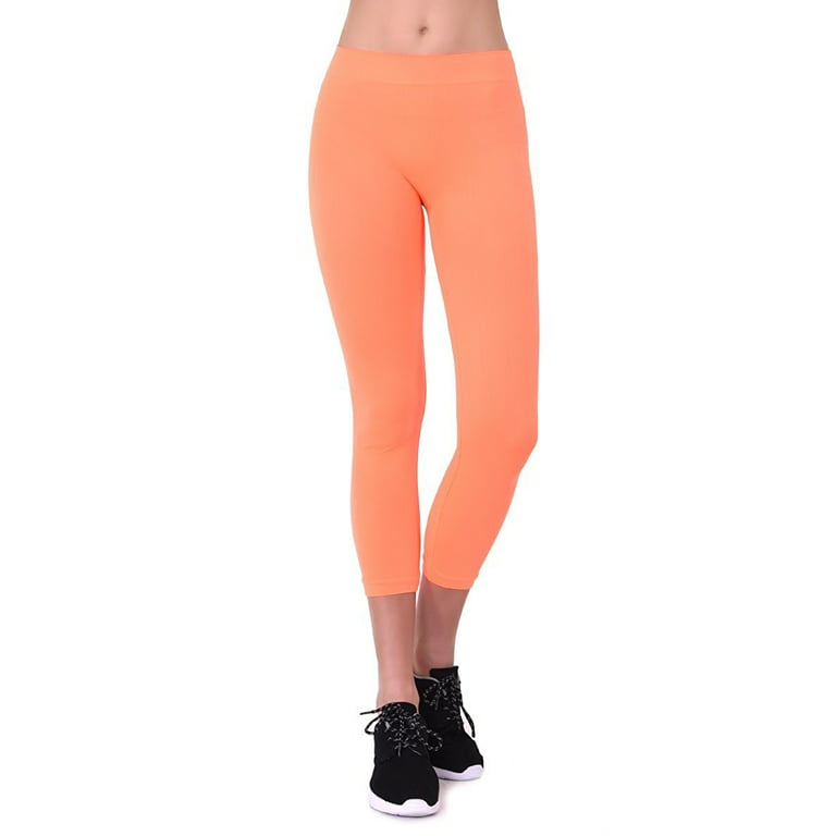 Women's Seamless Nylon Workout Active Solid Plain Capri One Size Leggings  (N Orange)