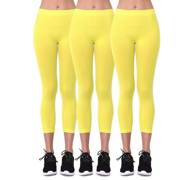 Women's Seamless Nylon Workout Active Solid Plain Capri One Size Leggings (N Yellow 3Packs)