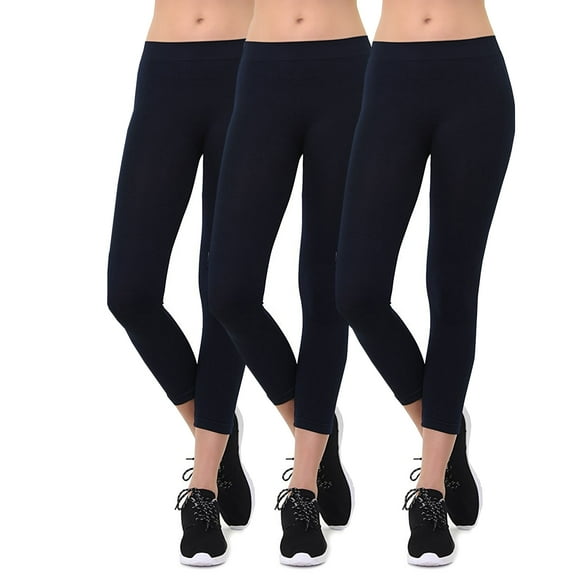 Women's Seamless Nylon Workout Active Solid Plain Capri One Size Leggings (Navy 3Packs)