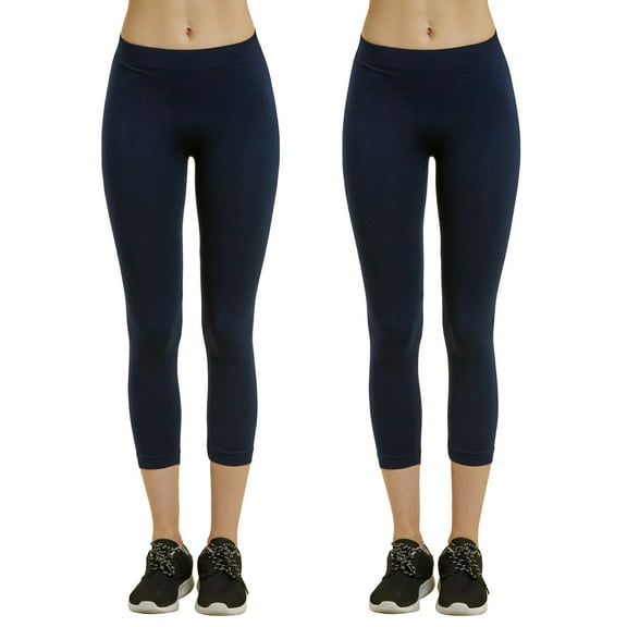 Women's Seamless Nylon Workout Active Solid Plain Capri One Size Leggings (Navy/Navy)