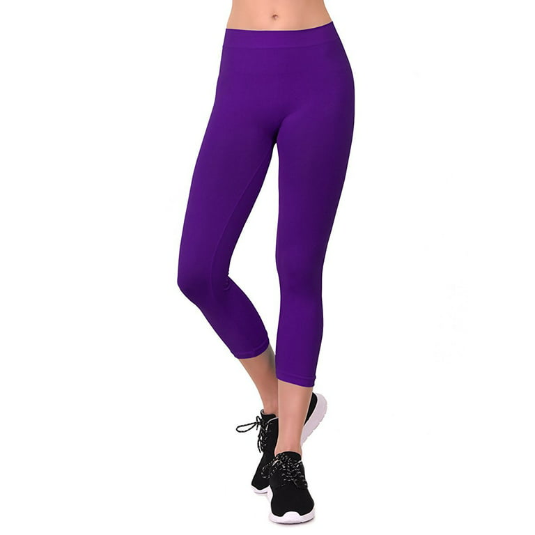 Women's Seamless Nylon Workout Active Solid Plain Capri One Size Leggings  (Purple)