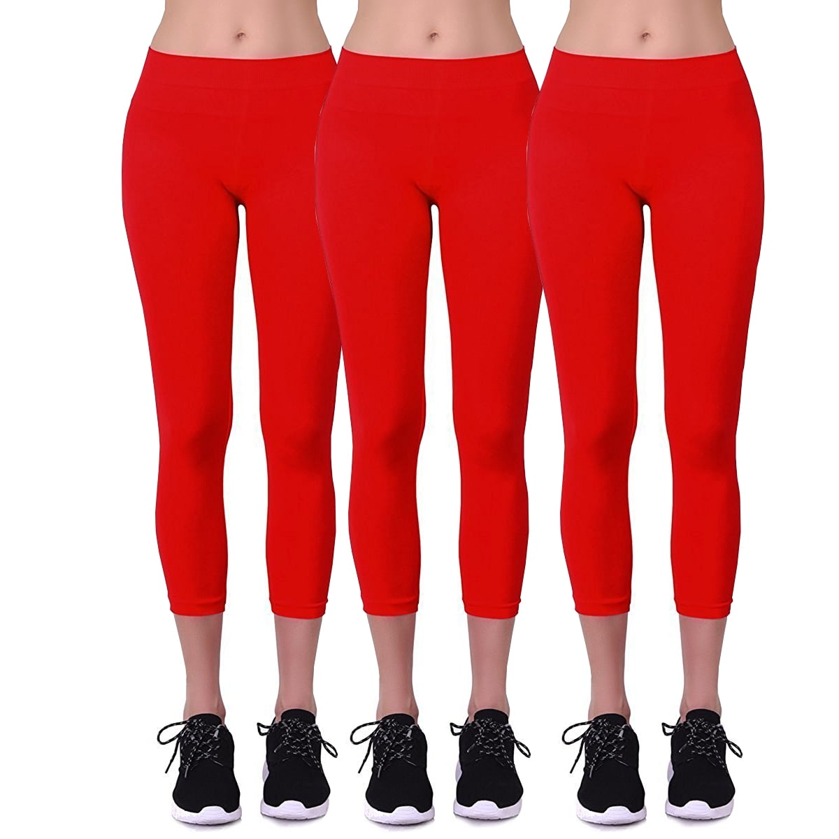 Women s Seamless Nylon Workout Active Solid Plain Capri One Size Leggings Red 3Packs