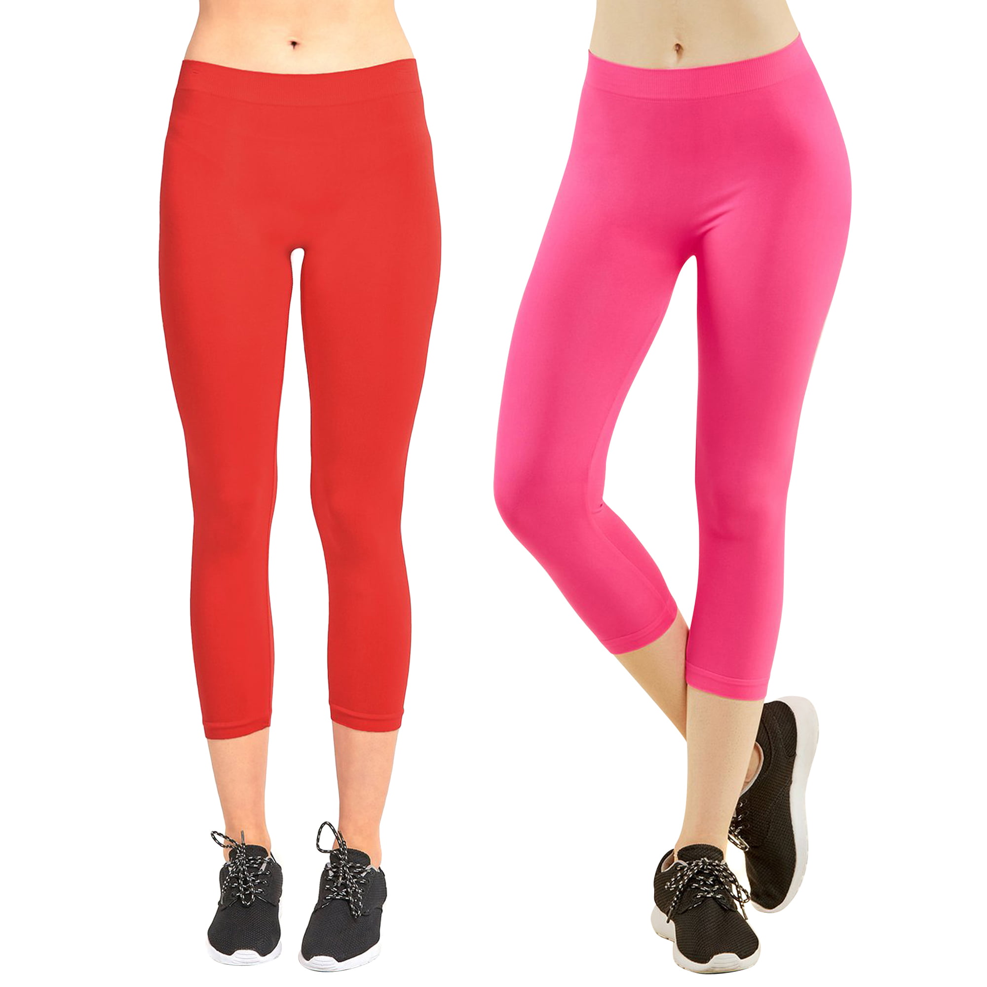 Women's Seamless Nylon Workout Active Solid Plain Capri One Size Leggings  (Red/H Pink)