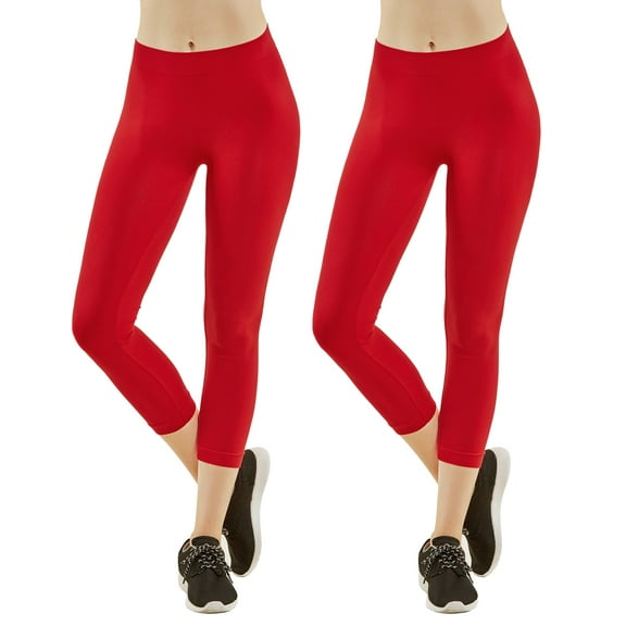 Women's Seamless Nylon Workout Active Solid Plain Capri One Size Leggings (Red/Red)