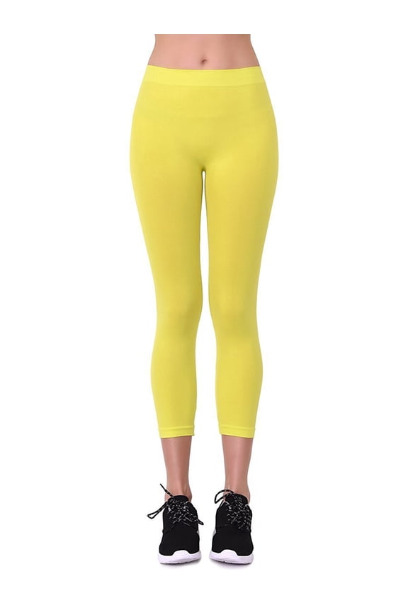 Women's Seamless Nylon Workout Active Solid Plain Capri One Size Leggings (Yellow)