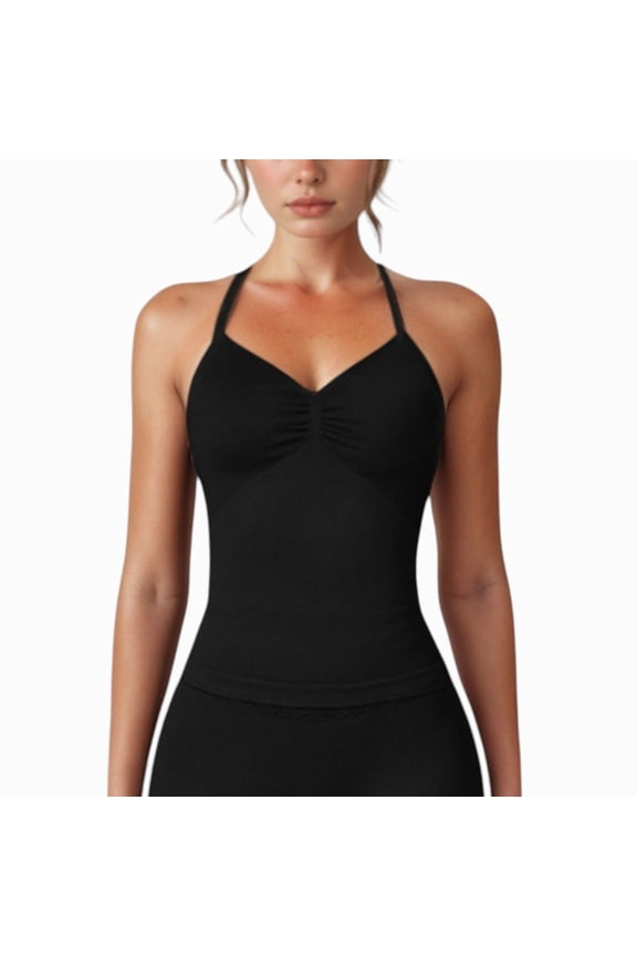Women's Seamless Padded Cami Tank Top with Ruched Front Detail and Adjustable Halter Straps - Large, Black