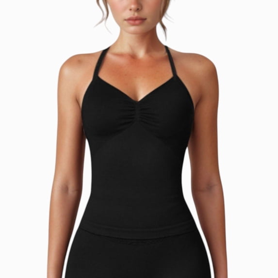 Women's Seamless Padded Cami Tank Top with Ruched Front Detail and Adjustable Halter Straps - Large, Black