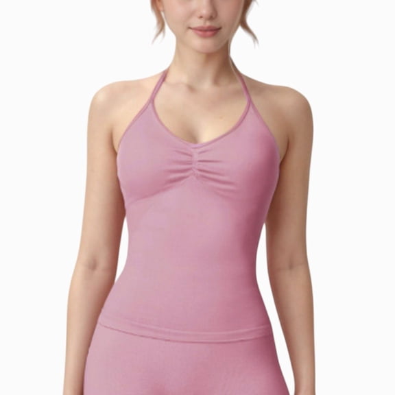 Women's Seamless Padded Cami Tank Top with Ruched Front Detail and Adjustable Halter Straps - Large, Pink