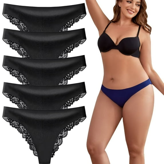 Women's Seamless Panties No Show Sexy Black Underwear For Women Sexy Lace Cheeky Panty For Ladies - Pack 5,Size XL