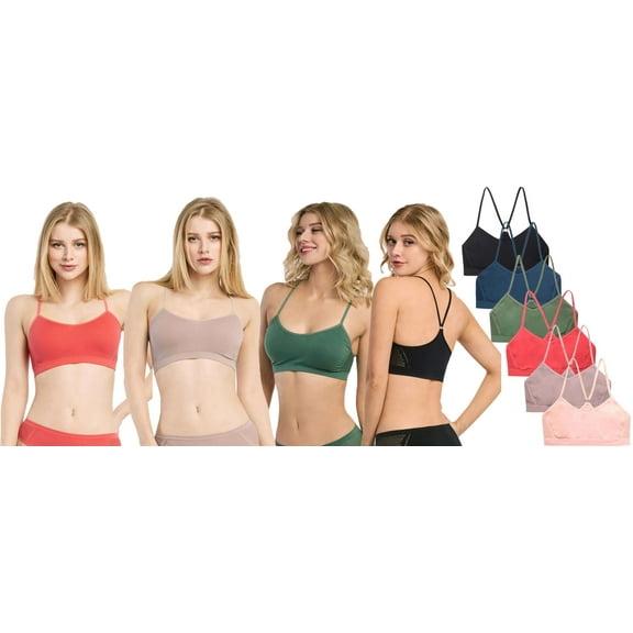 Women's Seamless Racerback Bralette Mesh at Sides, One Size, 6-Pack (Black/Deep Blue/Olive/Taupe/Peach/Rose Red)