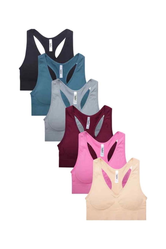 Women's Seamless Racerback Sports Bra with Removable Pads, One Size, 6-Pack (Black_Grey_Nude_Wine_Teal Blue_Pink)