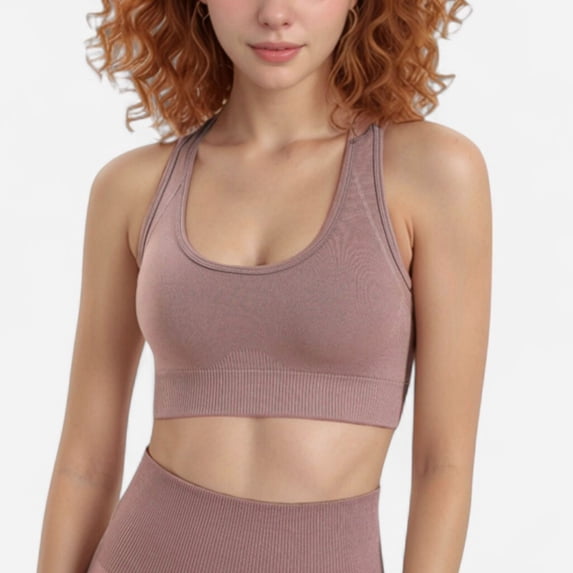 Women's Seamless Racerback Sports Bra with Ribbed Hem and Scoop Neckline for Medium Support - Small, Mauve Pink