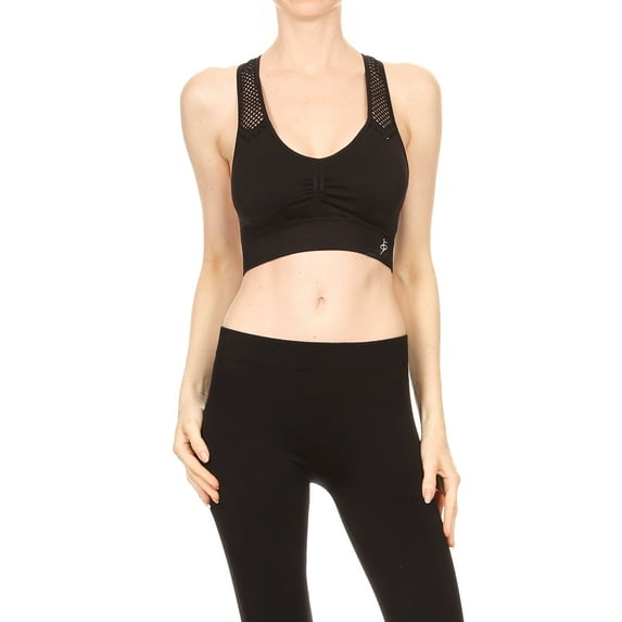 Women's Seamless Racerback with Netted Shoulders and Back Sports Bra - Black L/XL