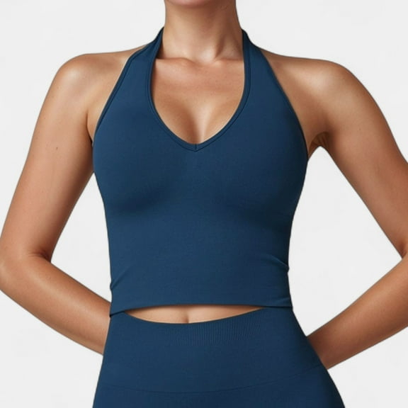 Women's Seamless Ribbed Knit Halter Crop Top with V-Neckline and Built-In Support - Large, Navy