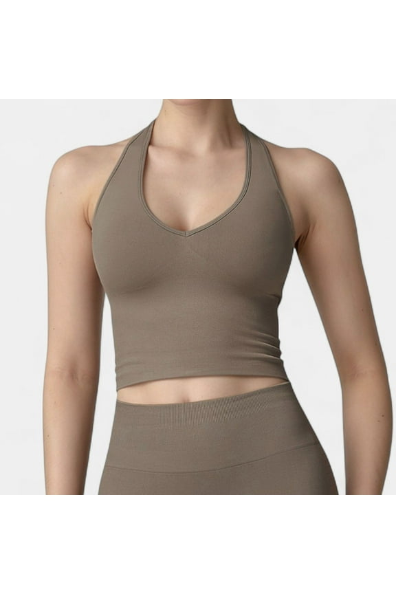 Women's Seamless Ribbed Knit Halter Crop Top with V-Neckline and Built-In Support - Medium, Beige