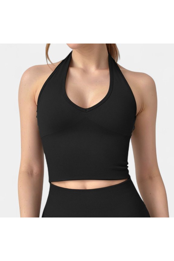 Women's Seamless Ribbed Knit Halter Crop Top with V-Neckline and Built-In Support - Medium, Black