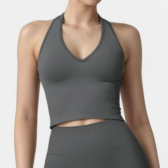 Women's Seamless Ribbed Knit Halter Crop Top with V-Neckline and Built-In Support - X Large, Gray