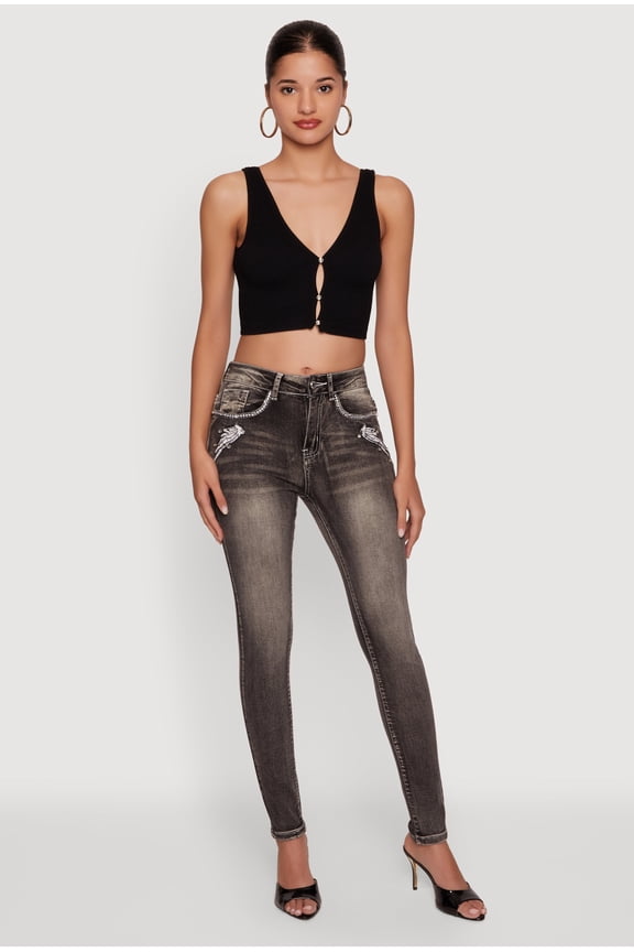 Women's Seamless Ribbed Rhinestone Keyhole Crop Top