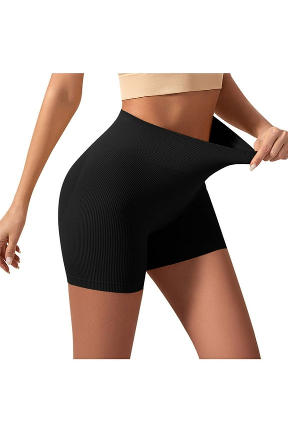 Women's Seamless Ribbed Shorts Stretchy High Waisted Biker Gym Short Tummy Control Workout Yoga Athletic Tights Pants