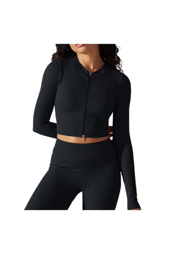 Women's Seamless Ribbed Yoga Cardigan Long Sleeve Solid Color Fitness Running Jacket Black L