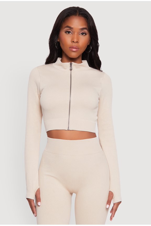 Women's Seamless Ribbed Zip Front Cropped Track Jacket