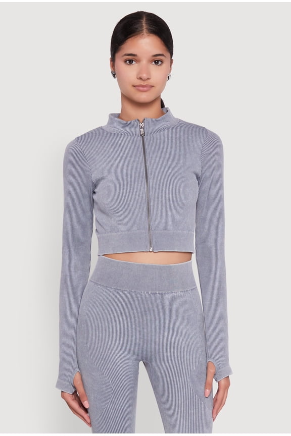 Women's Seamless Ribbed Zip Front Cropped Track Jacket