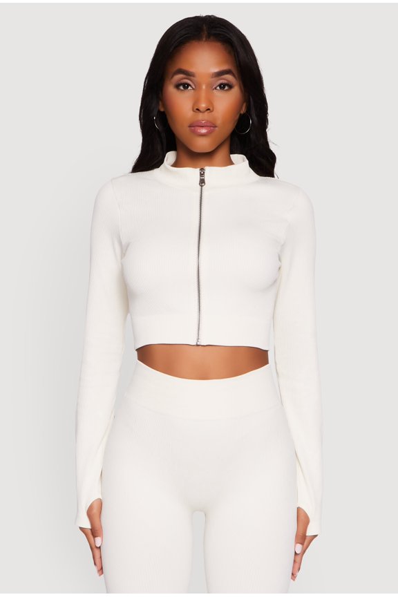 Women's Seamless Ribbed Zip Front Cropped Track Jacket