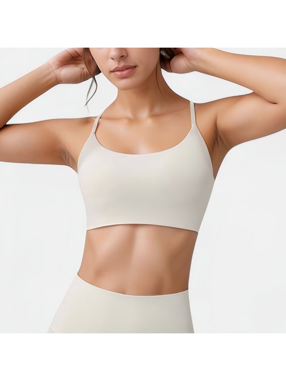 Women's Seamless Scoop Neck Sports Bra with Thin Adjustable Straps and Soft Stretch Fabric - Large, White
