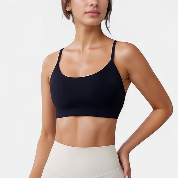 Women's Seamless Scoop Neck Sports Bra with Thin Adjustable Straps and Soft Stretch Fabric - Small, Black