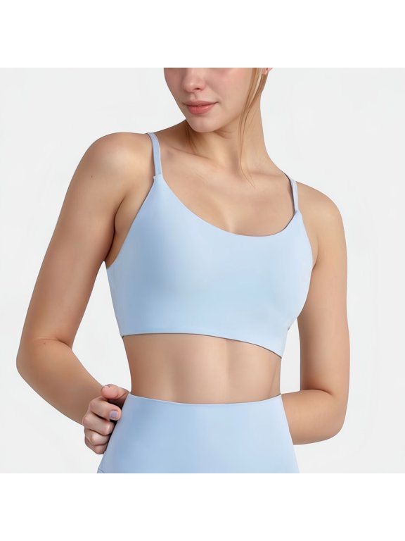 Women's Seamless Scoop Neck Sports Bra with Thin Adjustable Straps and Soft Stretch Fabric - X Large, Light Blue